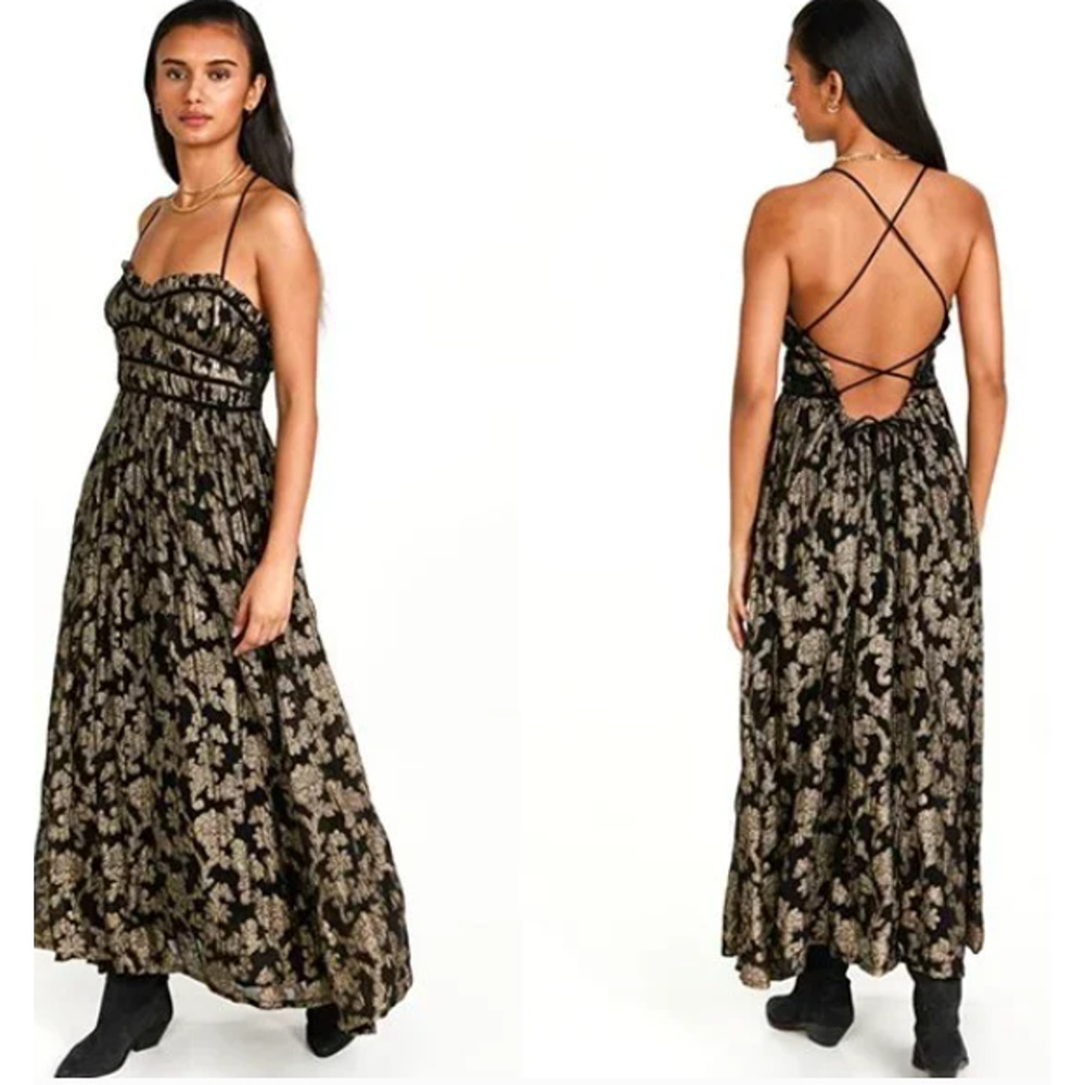 Free People Charlie Bustier Maxi Dress Metallic Gold Black Strappy Back Size S